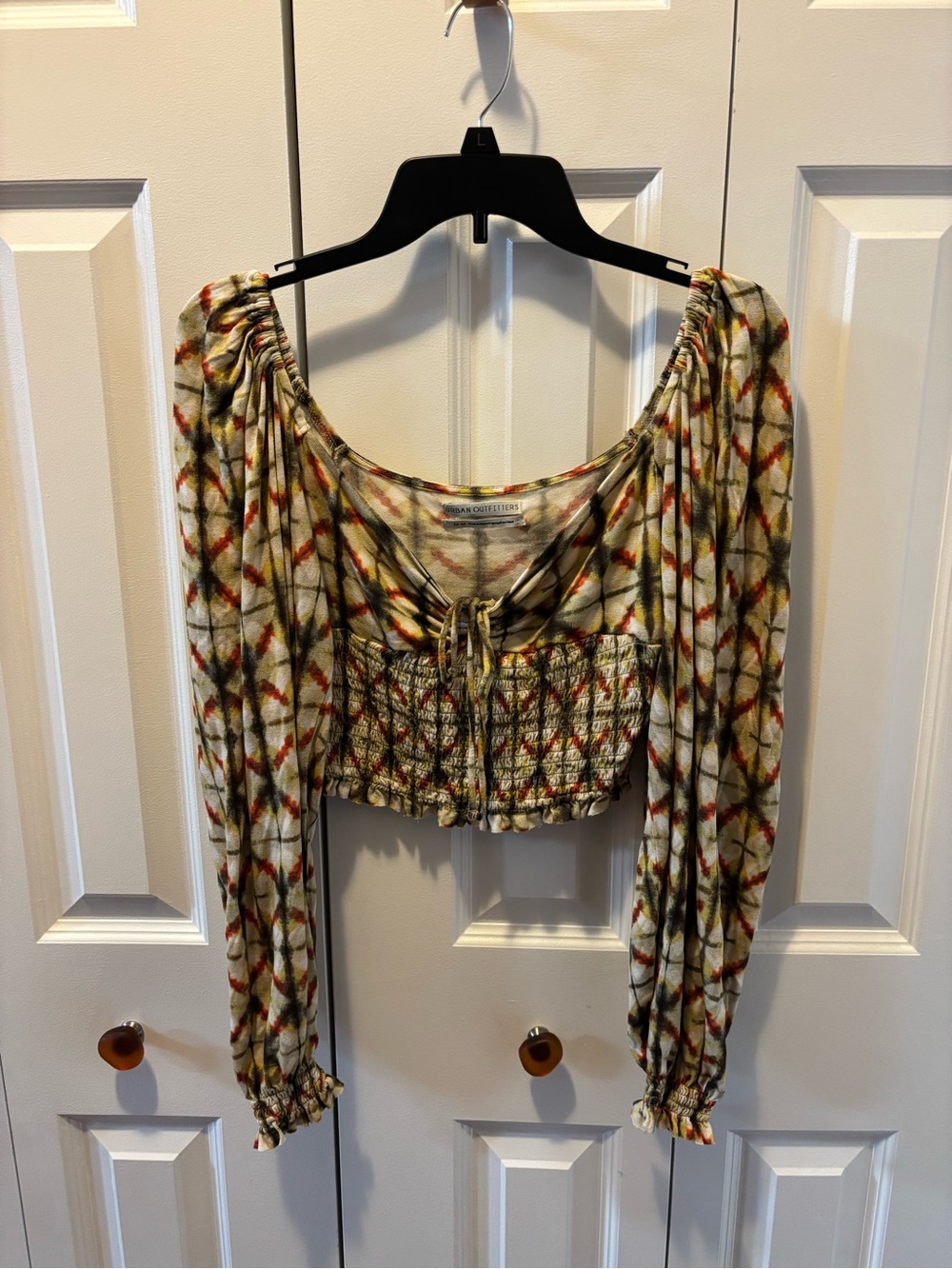 Urban Outfitters Olive Multi Smocked Long-Sleeve Crop Top